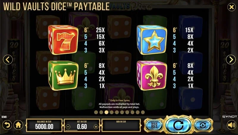 Wild Vaults Dice - cuadrícula de 6x3 en la ronda de bonificación con avalancha